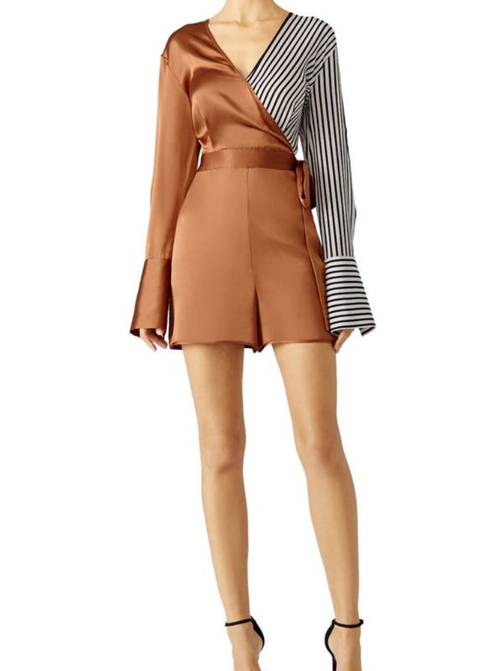 Diane von Furstenberg Kendra Colorblock Satin Romper Brown Stripe Sz 2